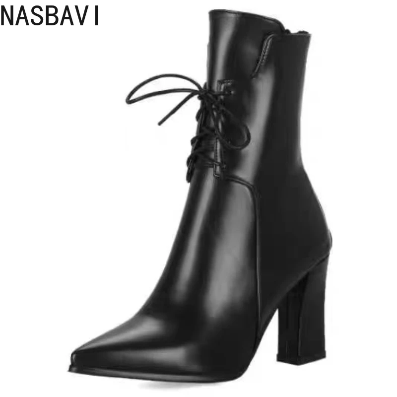 

Women's Ankle Boots Lace-up Black White Short Boot Female Elegant High Heels Autumn Winter Party Dance Shoes Large Size 45