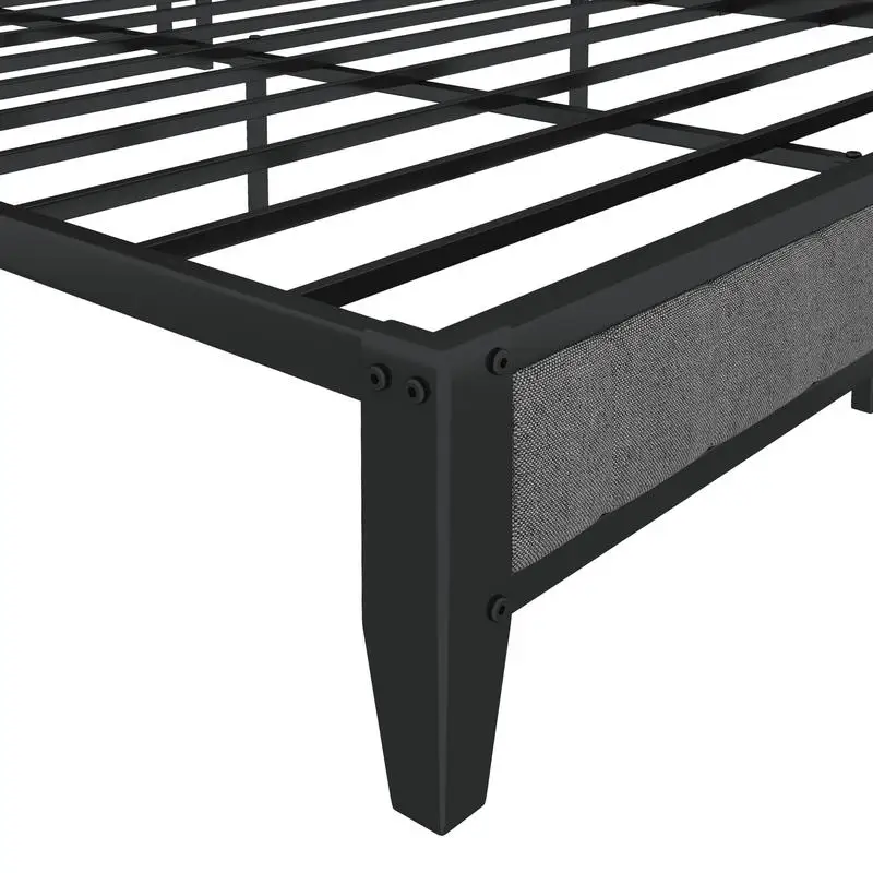 إطار سرير كامل الحجم مع قاعدة شحن، لوح رأسي منجد ومنصة معدنية، تصميم باللون الرمادي لغرف النوم الحديثة.