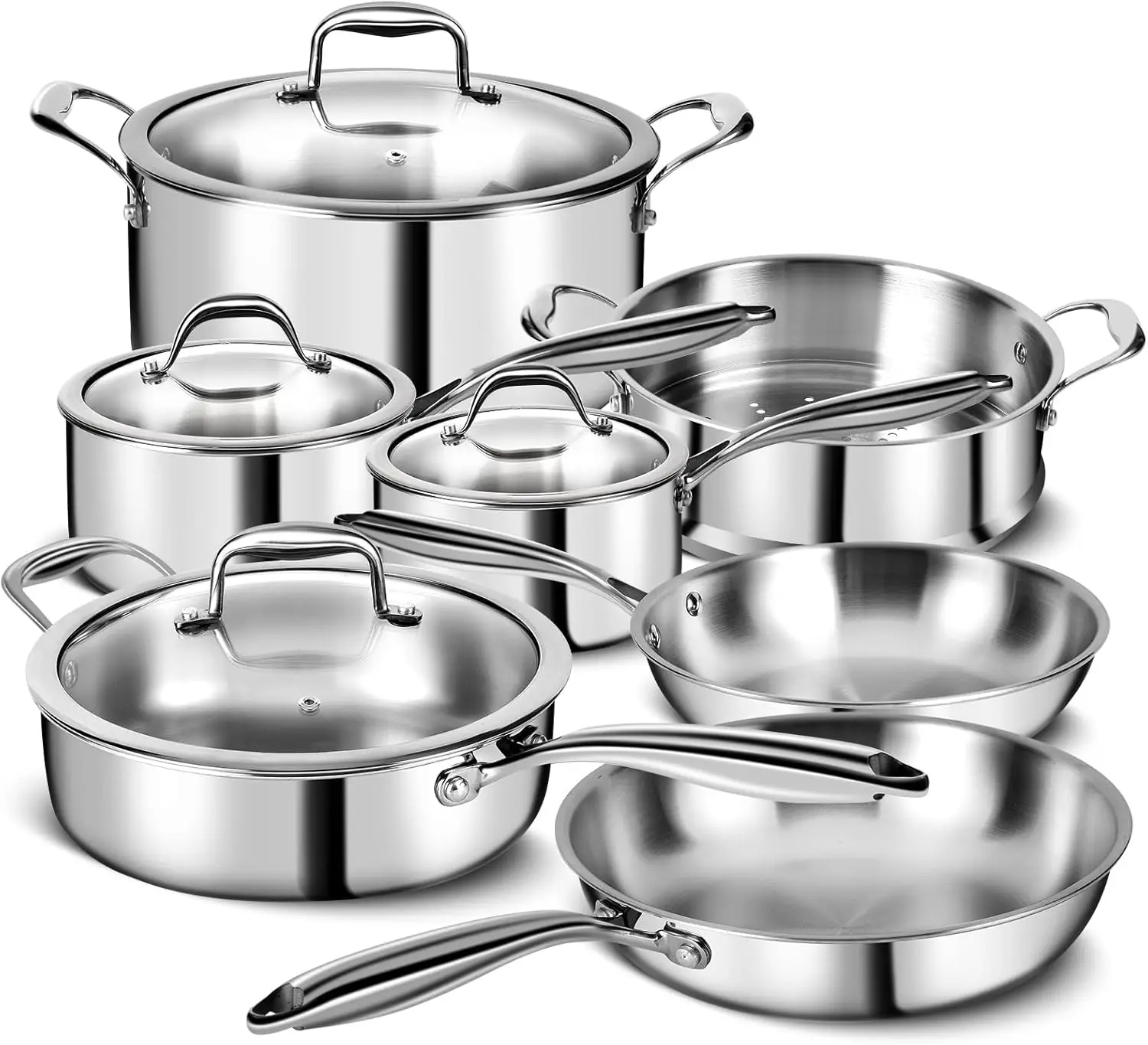 

3 Ply Stainless Steel 11-Piece Cookware Set with Lids, Pots and Pans Kitchen Set, Non-Toxic, Induction, Oven, Dishwasher Safe