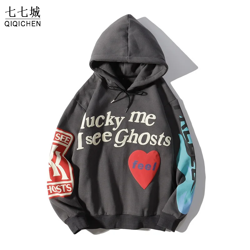 Kanye West Hoodies Jacket Men Graffiti Lucky Me I See Ghosts Sweatshirt Harajuku Fleece Street HipHop Pullover Bone Loose Hoodie