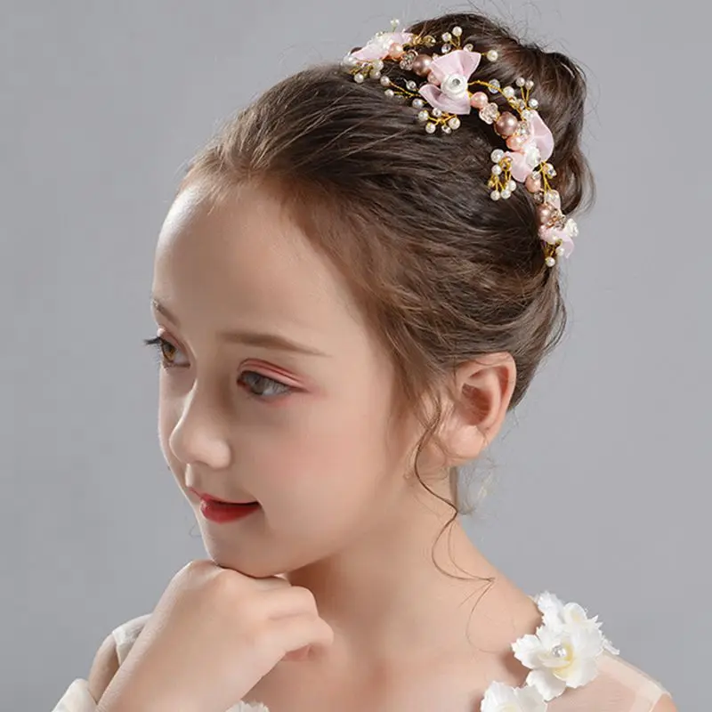 

Kids Wedding Headband Girls Pearl Hairband Fairy Pink Wreath Girl Head Flower Headpiece Party Hair Accessories