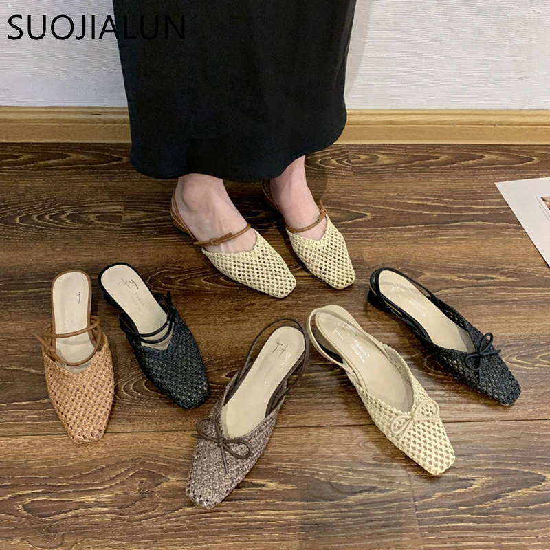 SUOJIALUN Summer New Women Slip On Mules Shoes Fashion Cane Weave Ladies Sandal Shoes Square Low Heel Outdoor Casual Slipper