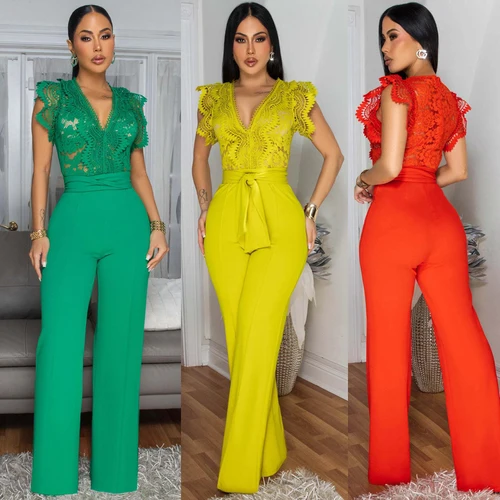 Trajes de mujer elegante de lujo de una pieza con cuello en V mameluco vendaje de cintura alta Sexy transparente de encaje Patchwork monos sin mangas