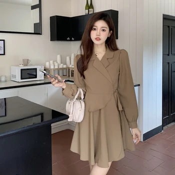 우아한 정장 칼라 허리 장착 드레스 여성 가을 몸집이 작은 불규칙한 미니 드레스 A 라인 아첨하는 체형