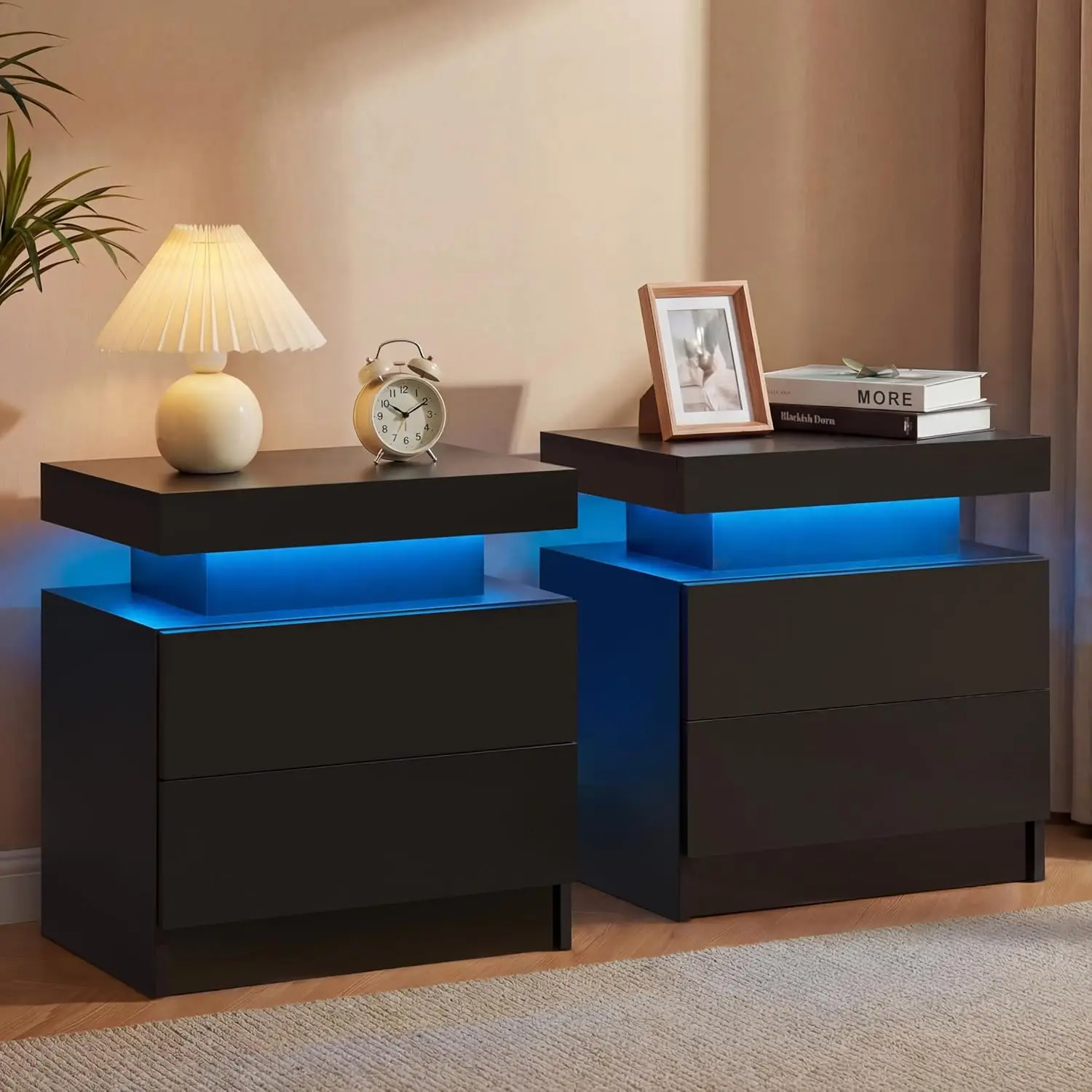 Black Modern LED Nightstand Set of 2 with 2 Wood Drawer for Bedroom, Customized