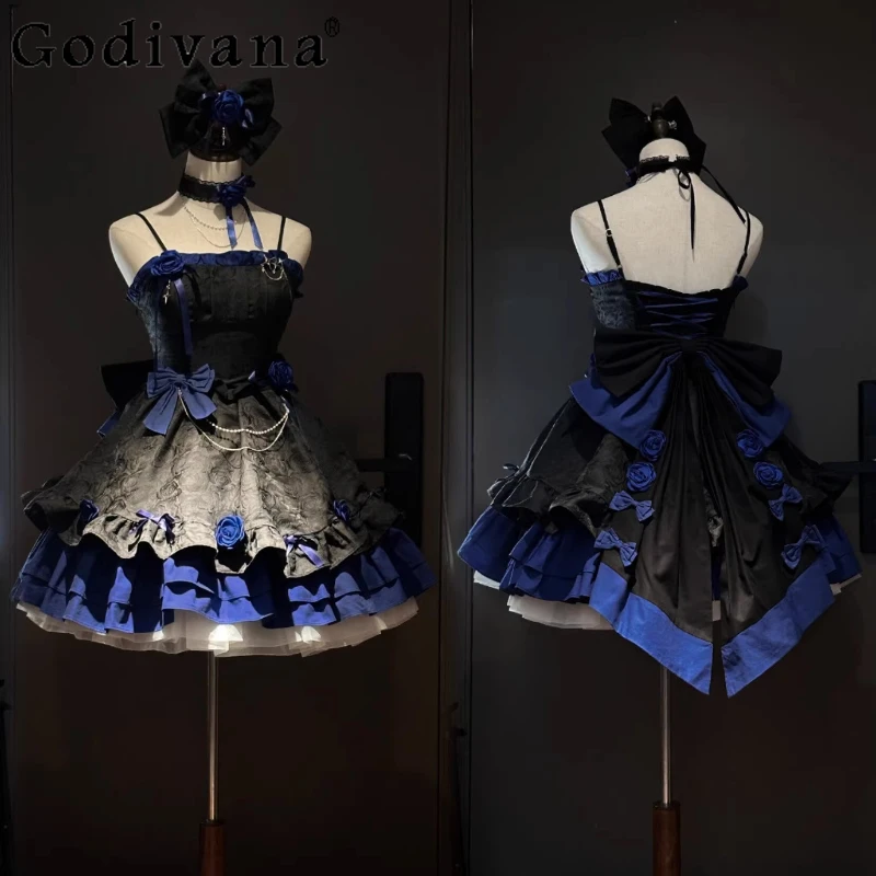 

Black Blue Goth Lolita Dress for Women Sleeveless High Waist Jsk Romantic Cos Dress Female Uniform Role Play Dress