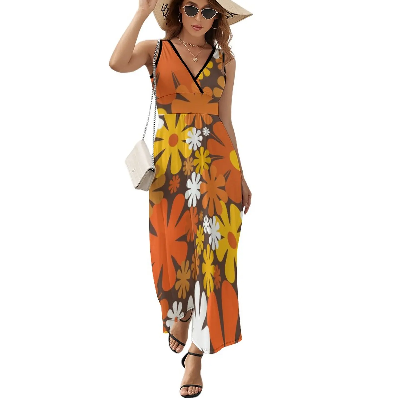 

Retro 60s 70s Aesthetic Floral Pattern in 1970s Brown Orange Yellow White Sleeveless Dress Woman clothes summer clothes