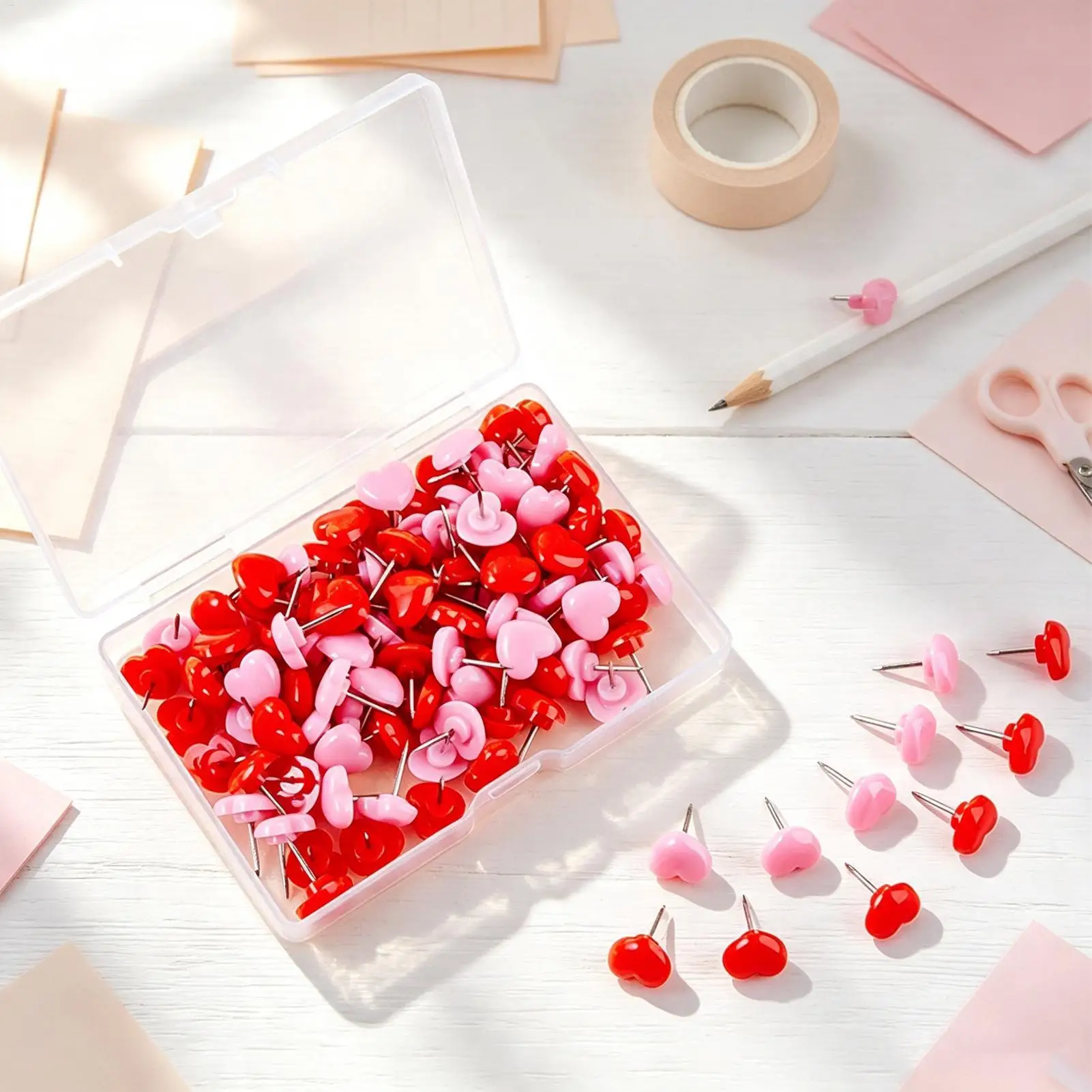 Cute Thumb Tacks 100 Pieces Pink Heart Shaped Reusable Thumbtacks Decorative Home Pins for Office Map Picture Wall Mental School