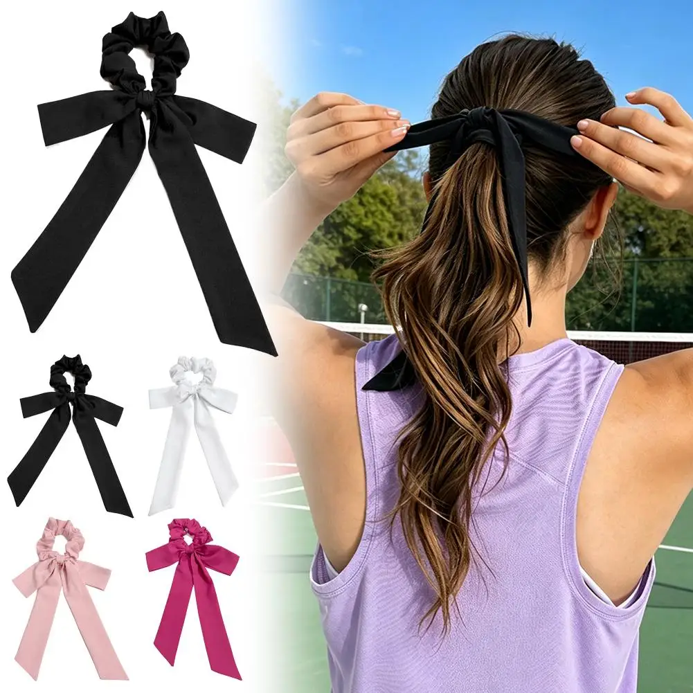 Élastique à cheveux en satin doux avec nœud et long ruban, élégant, pour queue de cheval, pour femmes, pour le sport et les coiffures quotidiennes