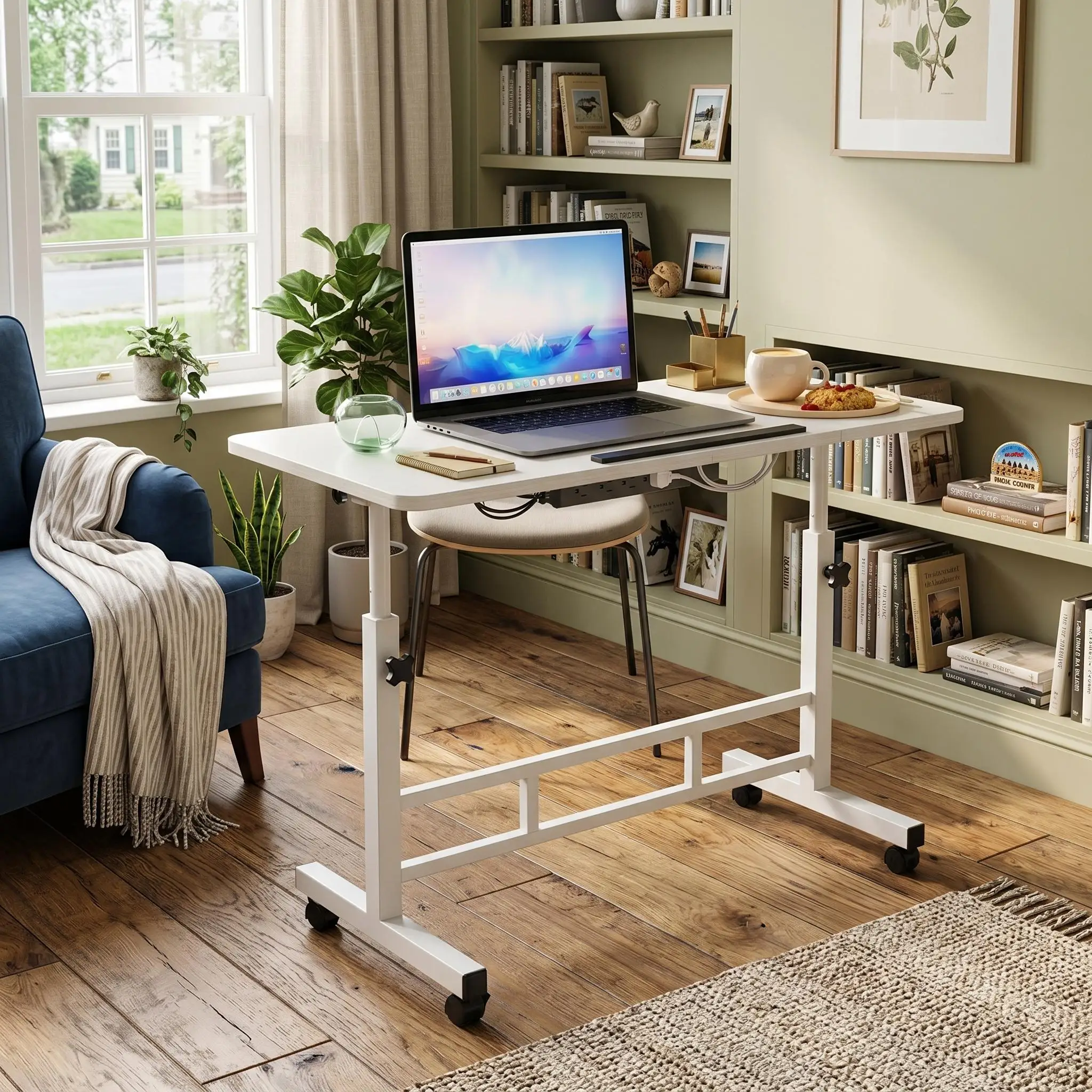 Escritorio Móvil de Altura Ajustable HiMiss 180 °   Mesa Plegable Giratoria para Portátil con Ruedas, Estación de Trabajo para el Hogar y el Dormitorio