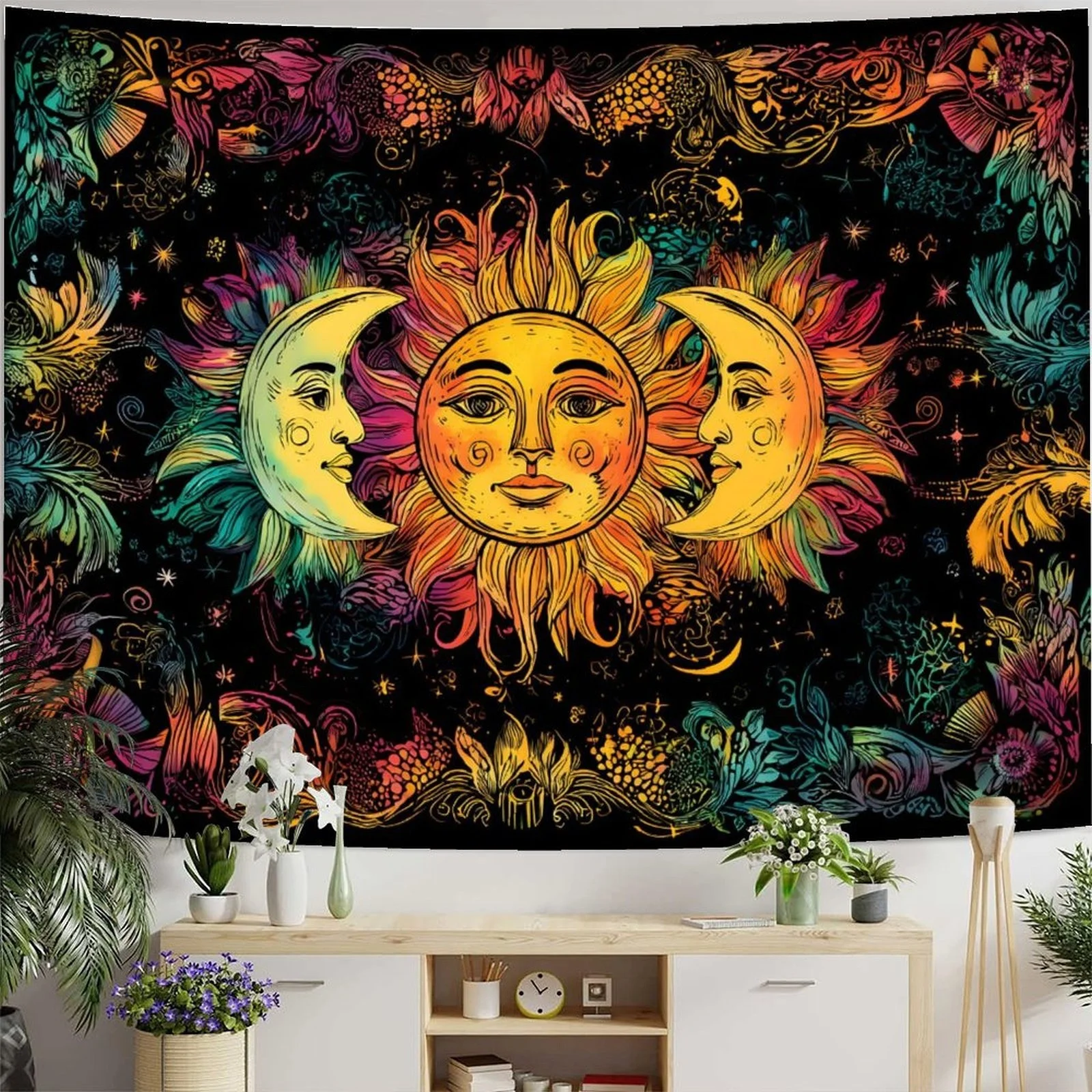 Bohemian Wall Tapestry Sun Moon Cosmic Boho Decor Macrame Wall Hanging Large Art Tapestry