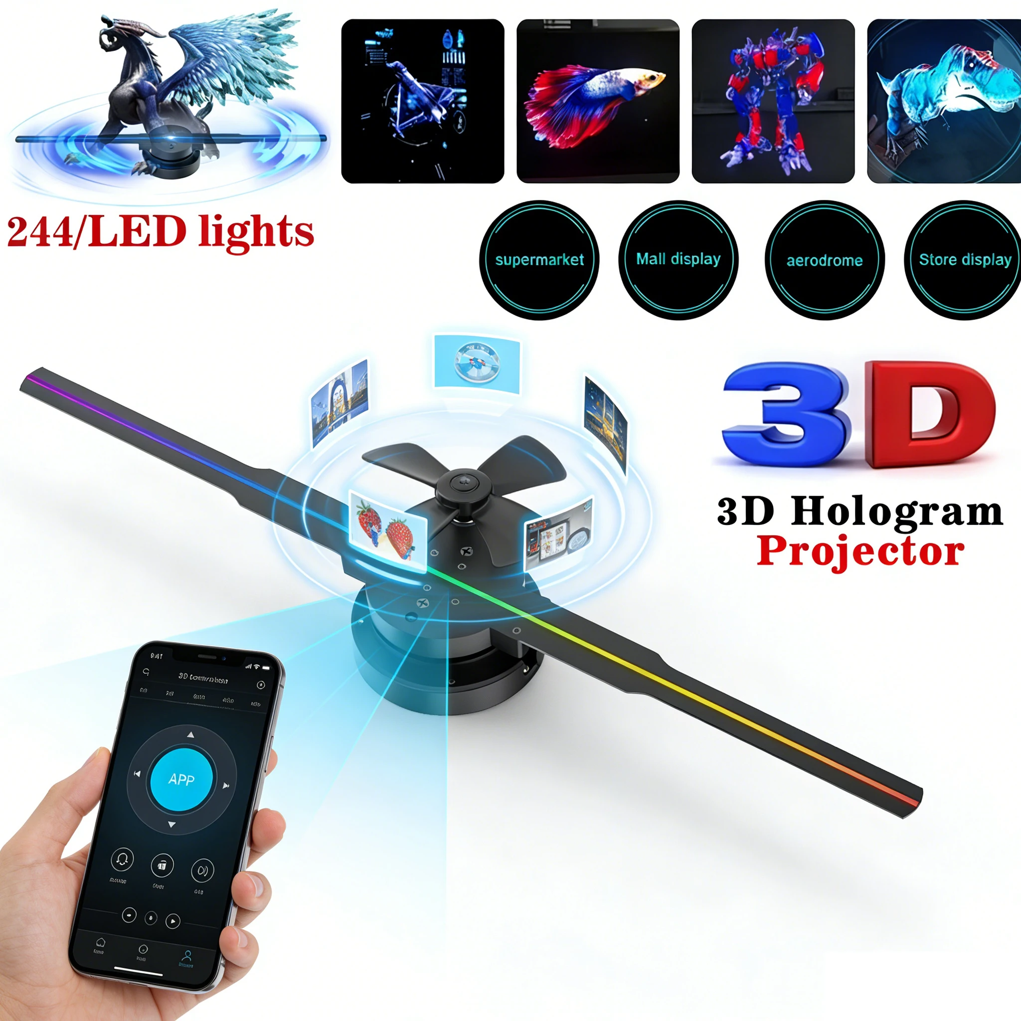 

3D Hologram Projector Fan Display Replaceable Blades Custom Logo Video LED Neon Rotating Screen Advertising Holographic Lamp