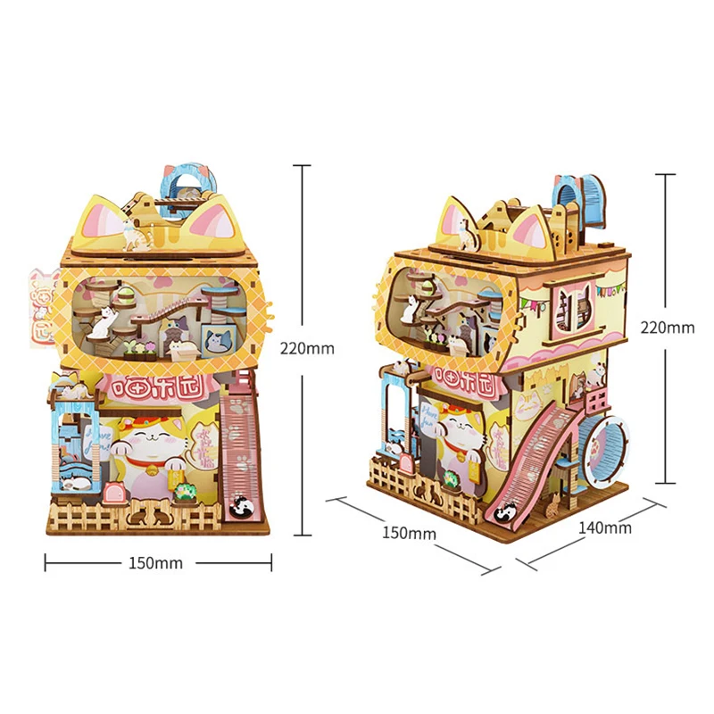 Caja de almacenamiento de Casa de gato de madera, Kits de construcción de modelo, vista de calle de la ciudad, rompecabezas 3D, artesanías hechas a
