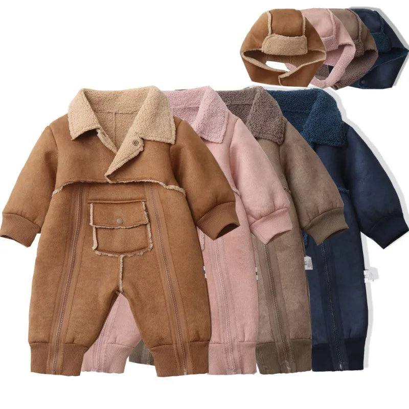 

2025 зимний новый теплый комбинезон с длинными рукавами для малышей, бархатный толстый комбинезон для новорожденных мальчиков + шапка, теплая одежда для маленьких девочек