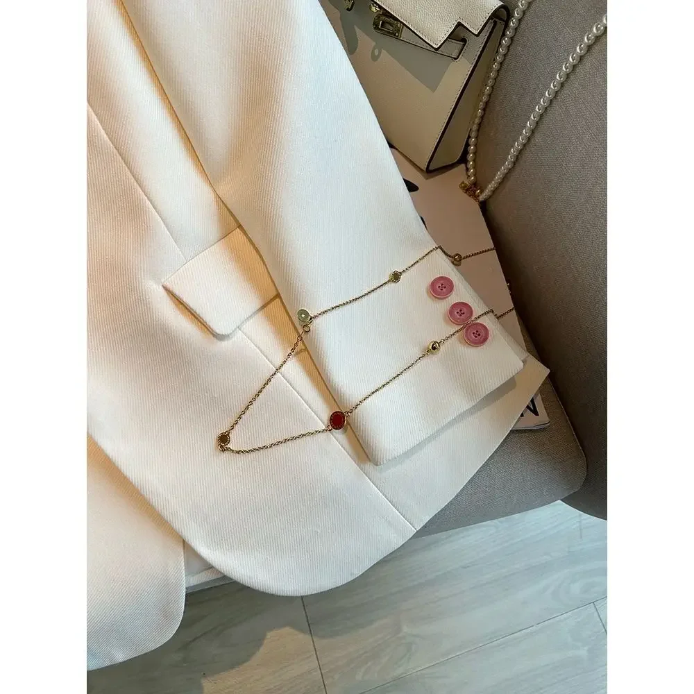 2024 New Style Temperament White Suit Coat Women's Fashion Casual Pink Button Casual Versatile Suit B152