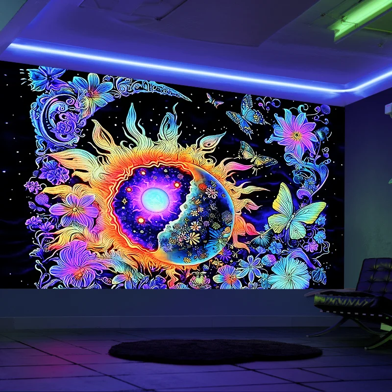VIKAMA Sun Moon Butterfly Tapestry psychedelic Sun Moon Print Hanging Cloth Bedroom Dormitory Bedhead Retro Style