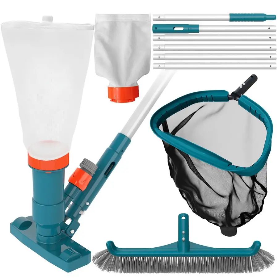 Ground Pool Cleaning Kit with Garden Hose Pool Vacuum, Aluminum Frame Leaf Rake Net, Wall Brush and 8Ft Pole for Remove Leaves a
