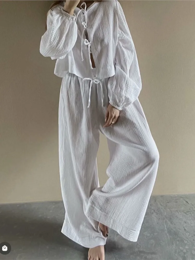 

Lace-up White Shirts Top And Wide Leg Pant Sets Casual White Blouse Long Trouser Cotton Blend Cardigan Loose Chic Women Suit