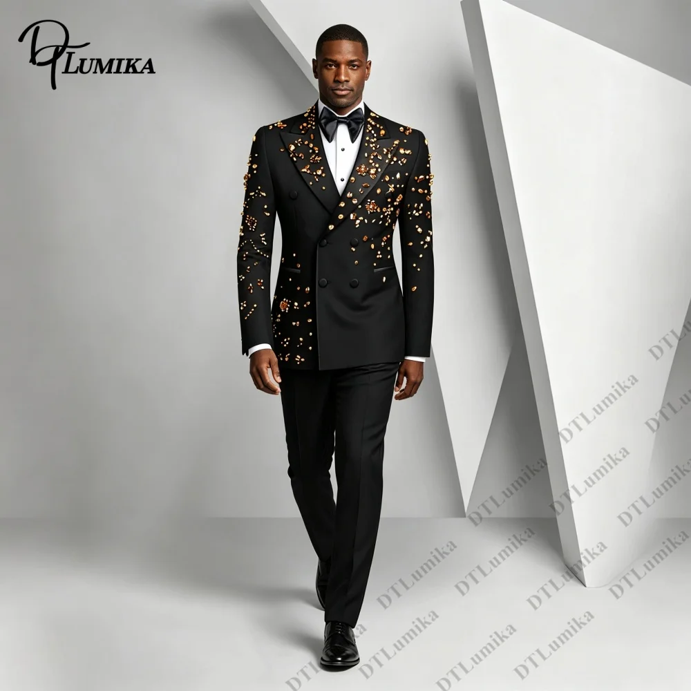 Bespoke Gold Ornate Men Tuxedo 2 Piece XX-7XL Tailored Fit Double Breasted Formal Outfit Jacket Pants Wedding Suits for Men