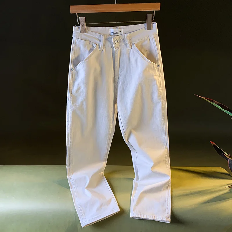 2025 الخريف الدنيم الرجال غسلها الاتجاه النسخة الكورية بارد عارضة فضفاض مستقيم الساق السراويل البيضاء الرجال