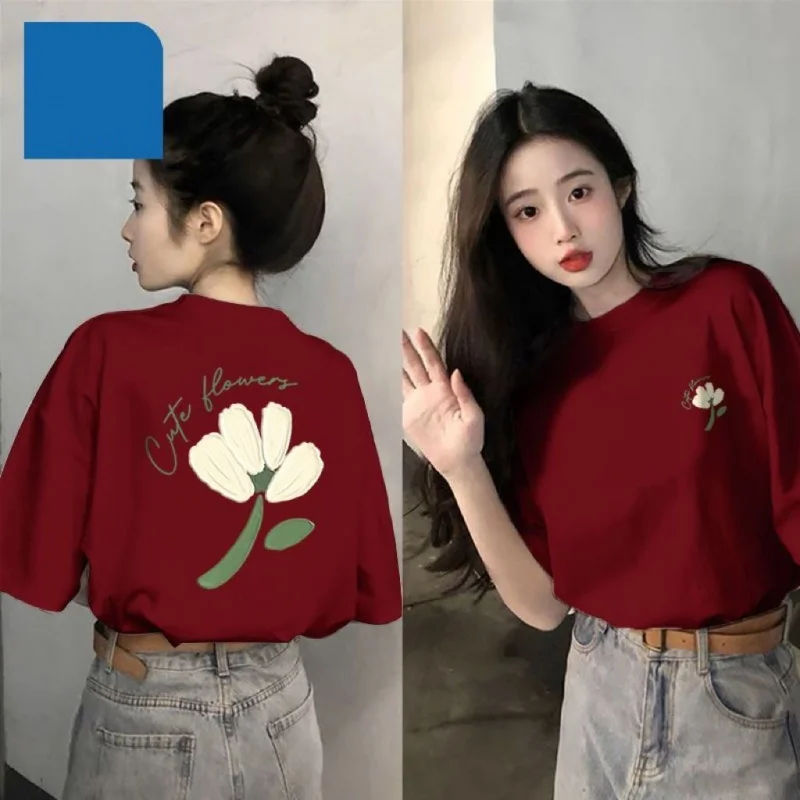 Heavyweight Pure Cotton Summer Short Sleeves T-shirt Printed Loose Niche College Style Youth All-Match Top