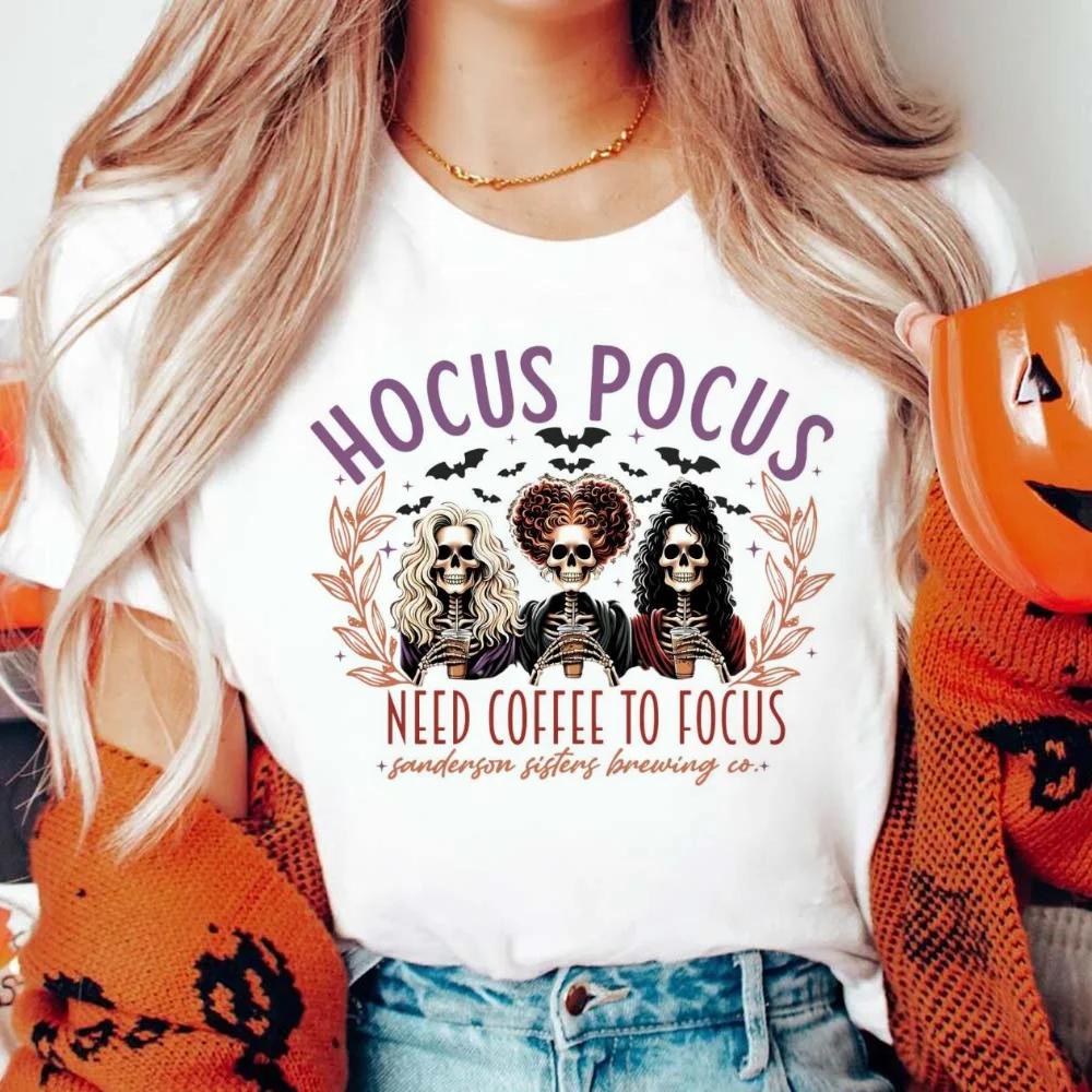 Hocus Pocus I Need Coffee To Focus T-Shirt Printed Pattern Fashion New Year Holiday Short Sleeve Women\'s O-Neck Top Retro T-Shir