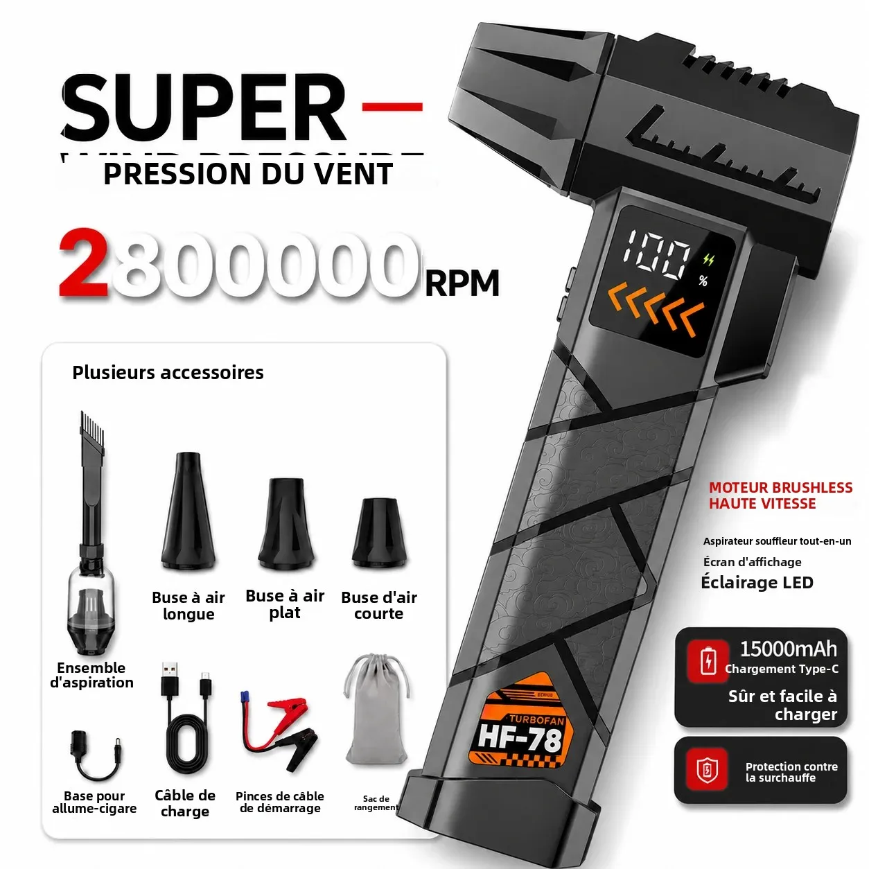 Souffleur à Jet Électrique Super Puissant 2800000RPM Sans Fil, Aspirateur à Air Comprimé, Alimentation d'Urgence pour Voiture