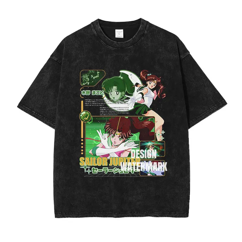 

Sailor Moon Sailor Jupiter Makoto Kino Acid Wash Oversized Black T-Shirt 2026 Summer Anime Streetwear Graphic Tee