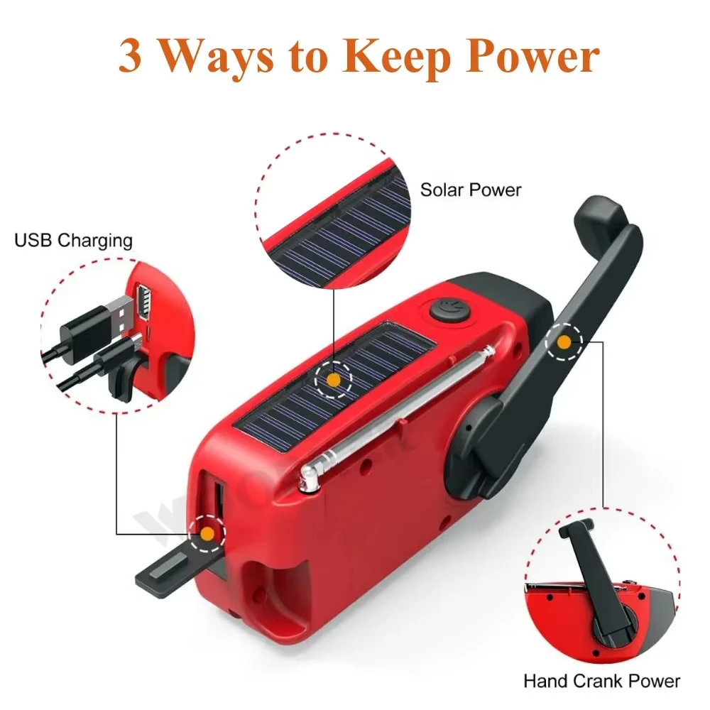Multifunctional Solar Hand Crank Radio FM AM WB NOAA Weather Radio 2000mAh USB Charging Emergency LED Flashlight Power Ban