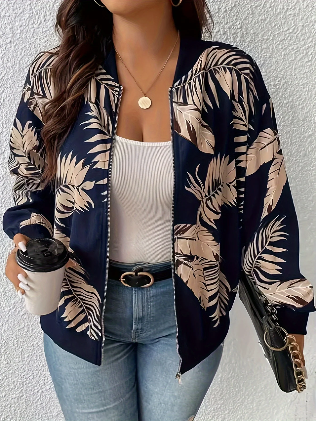 

Plus-size fashion casual baseball collar jacket with floral print