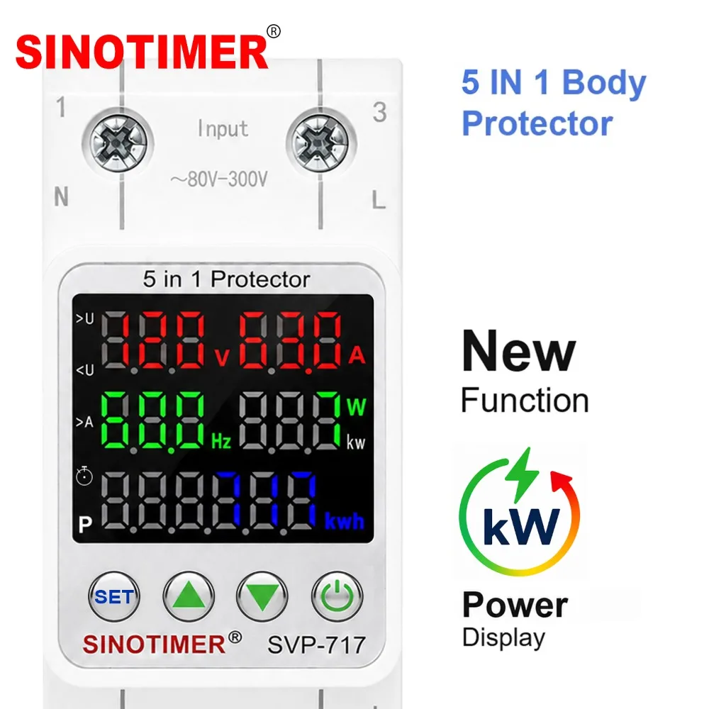 110VAC 5 In 1 LED Display KWh Metering Power Energy Meter Over Under Voltage Protector Current Protection Circuit Breaker 40/63A