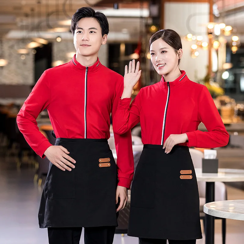 

Waiter Work Uniform Hoodie Autumn Winter Long Sleeve Women Restaurant Chinese Restaurant Catering Hot Pot Waiter Jacket with Emb