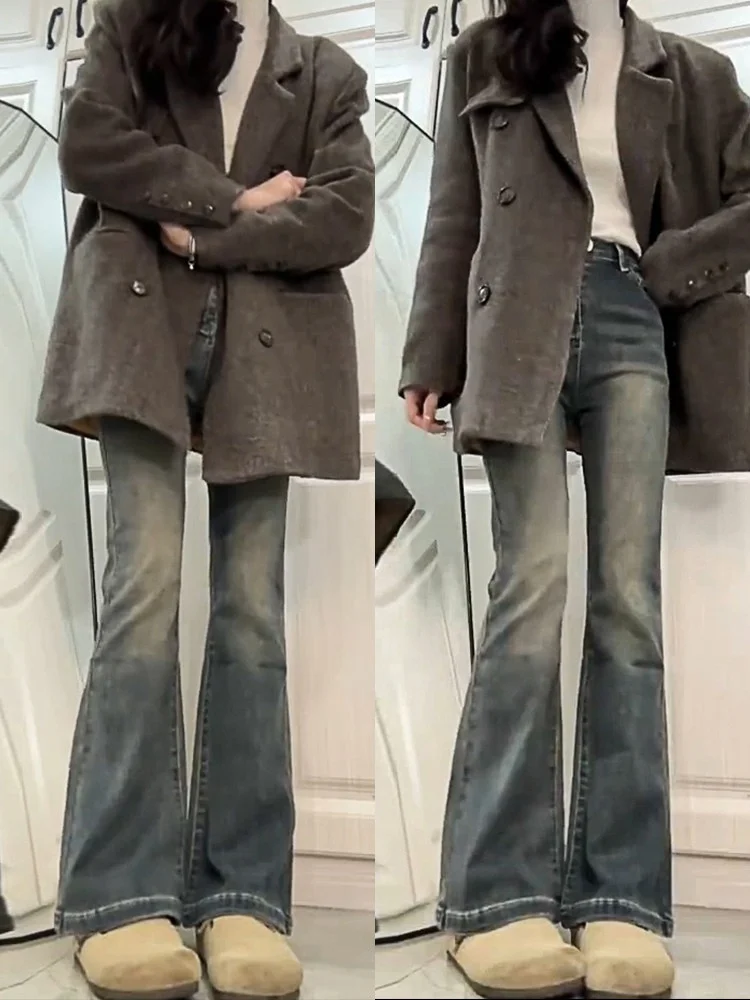 

Retro Blue Bell Bottom Jeans Women's High Waist Elastic Pear Shaped plus Size Slimming Large Size Bell Pants