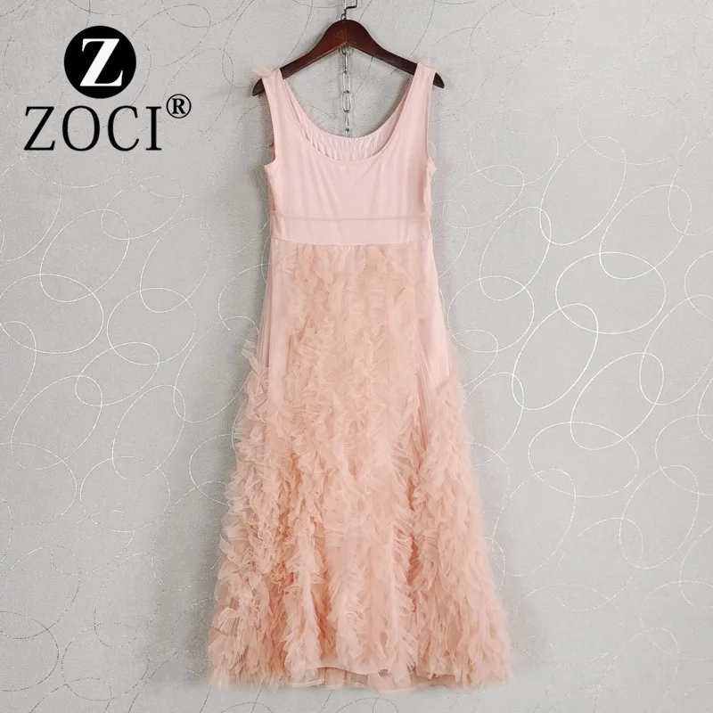 [ZOCI] New Style Strap U Neck Mesh French Mushroom Edge A-line Medium Long Women's Dress