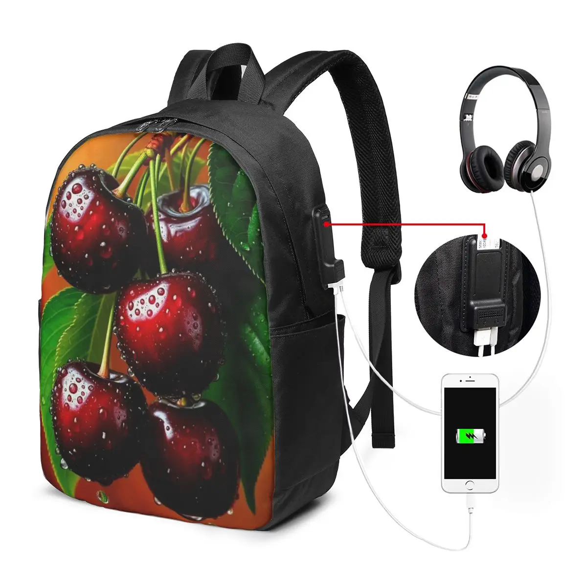 Red Fresh Cherry Pattern Backpack Travel Notebook Bag Computer College Student School Bag Laptop Shoulder Bags for Men Women