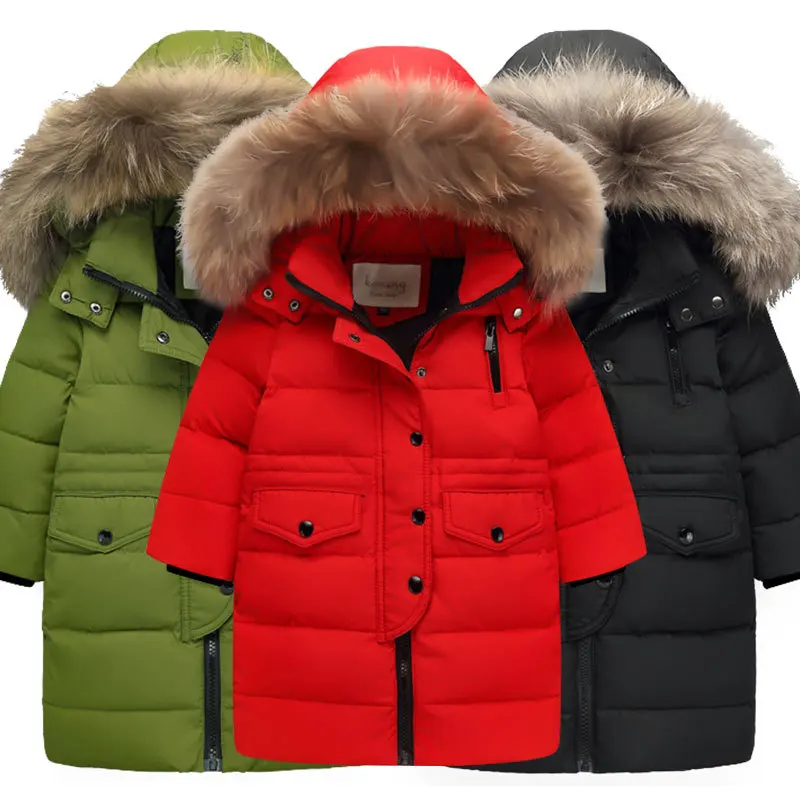 OLEKID 2024 Winter Children Down Jacket For Boys Warm Real Raccoon Fur Hooded Long Boys Outerwear Coat 2-12 Years Kids Jacket