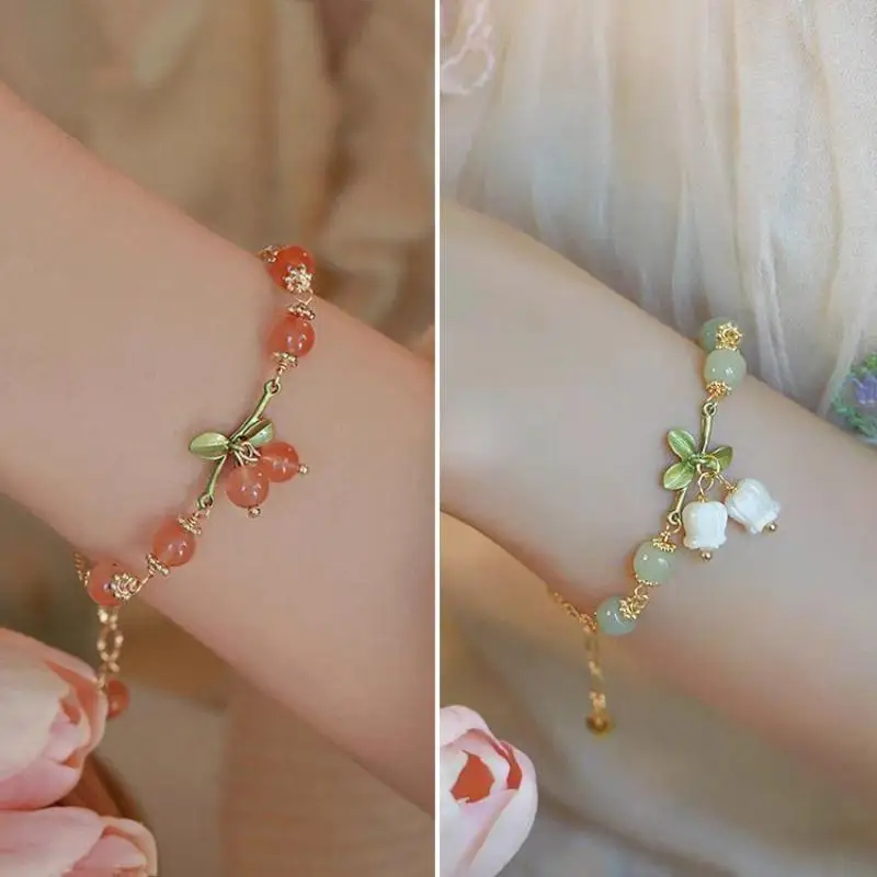 Fashion Red Flower Beaded Bracelet For Women Vintage Elegant Crystal Shell Flower Charm Bracelet Jewelry Party Gift