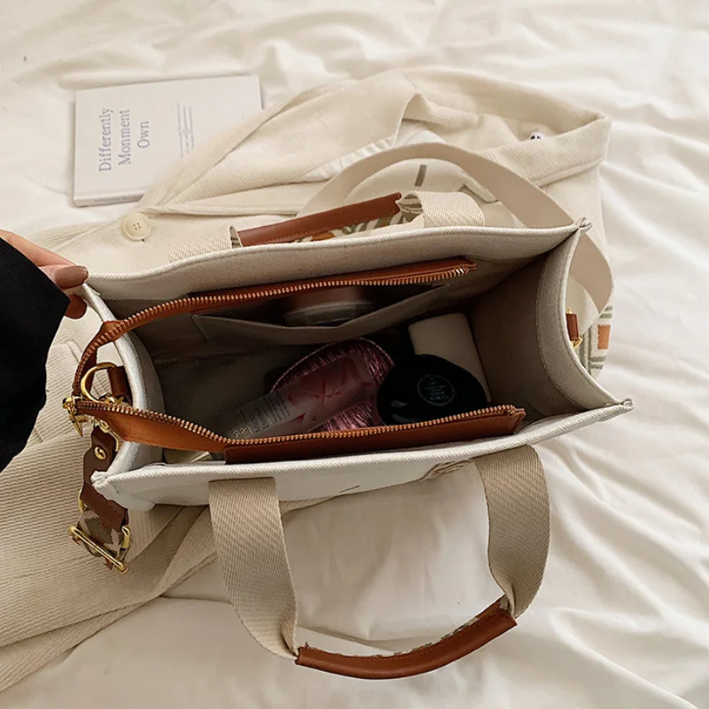 Canvas Patterned Handle Bag Women New Casual Natinoal Style Crossbody Bag Lightweight Large Capacity Commuter Shoulder Bag