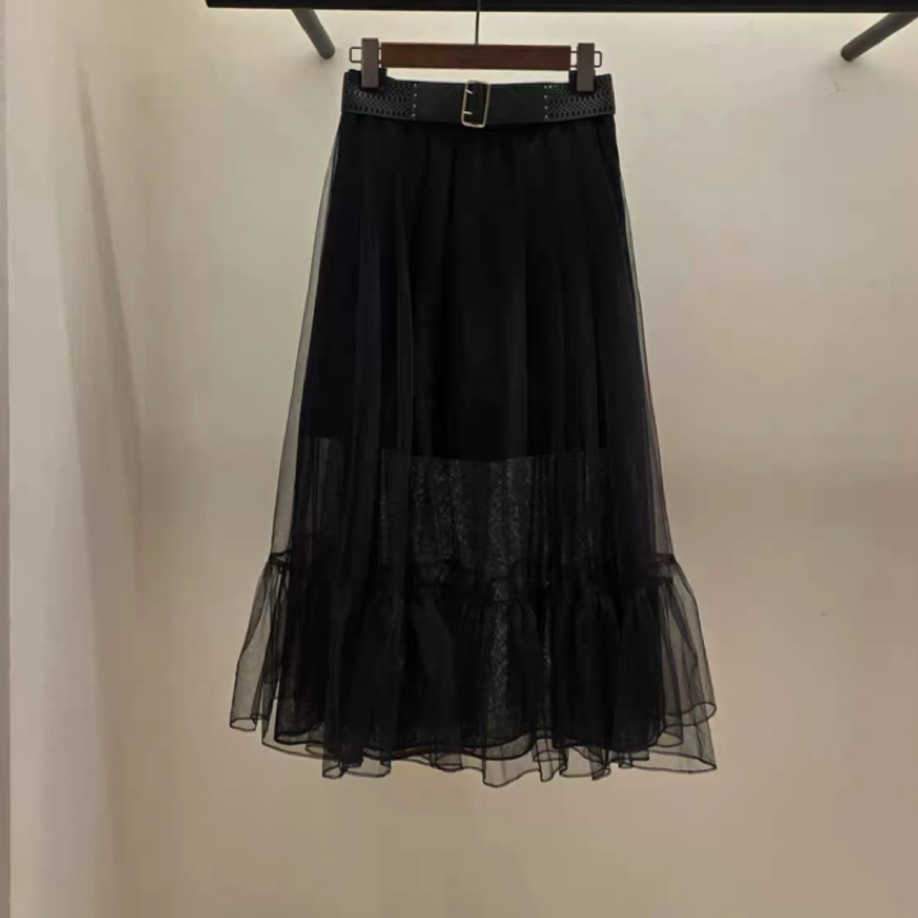 Ele الثقيلة الدانتيل التخسيس f تنورة مع حزام الليمون الجبن MIC25 الخريف الشيفون ميدي تنورة Ci تخفيف Sle ألف خط تنورة