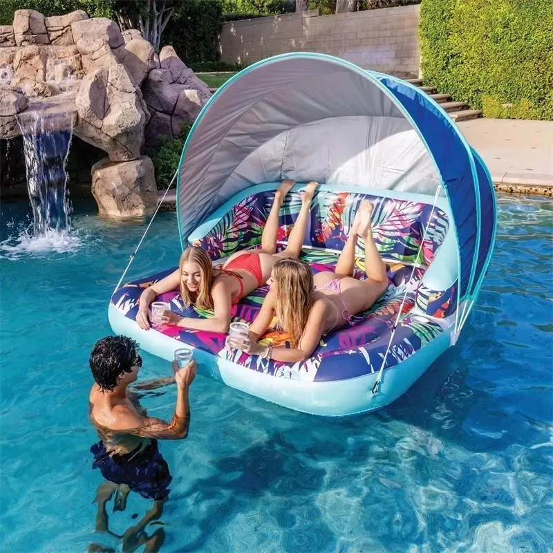 Inflatable Swimming Pool Sunshade Double Backrest Floating Bed, Detachable Mesh Lounge Chair with Cup Holder