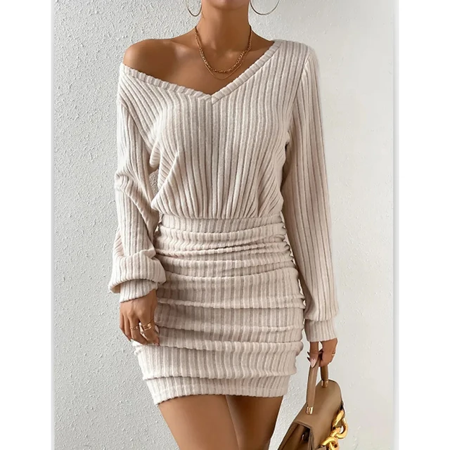 Women's Autumn Winter Knitted Sweater Mini Dress Female Casual Solid Wrap V-neck Long Sleeve Warm Bodycon Short Dresses Robe