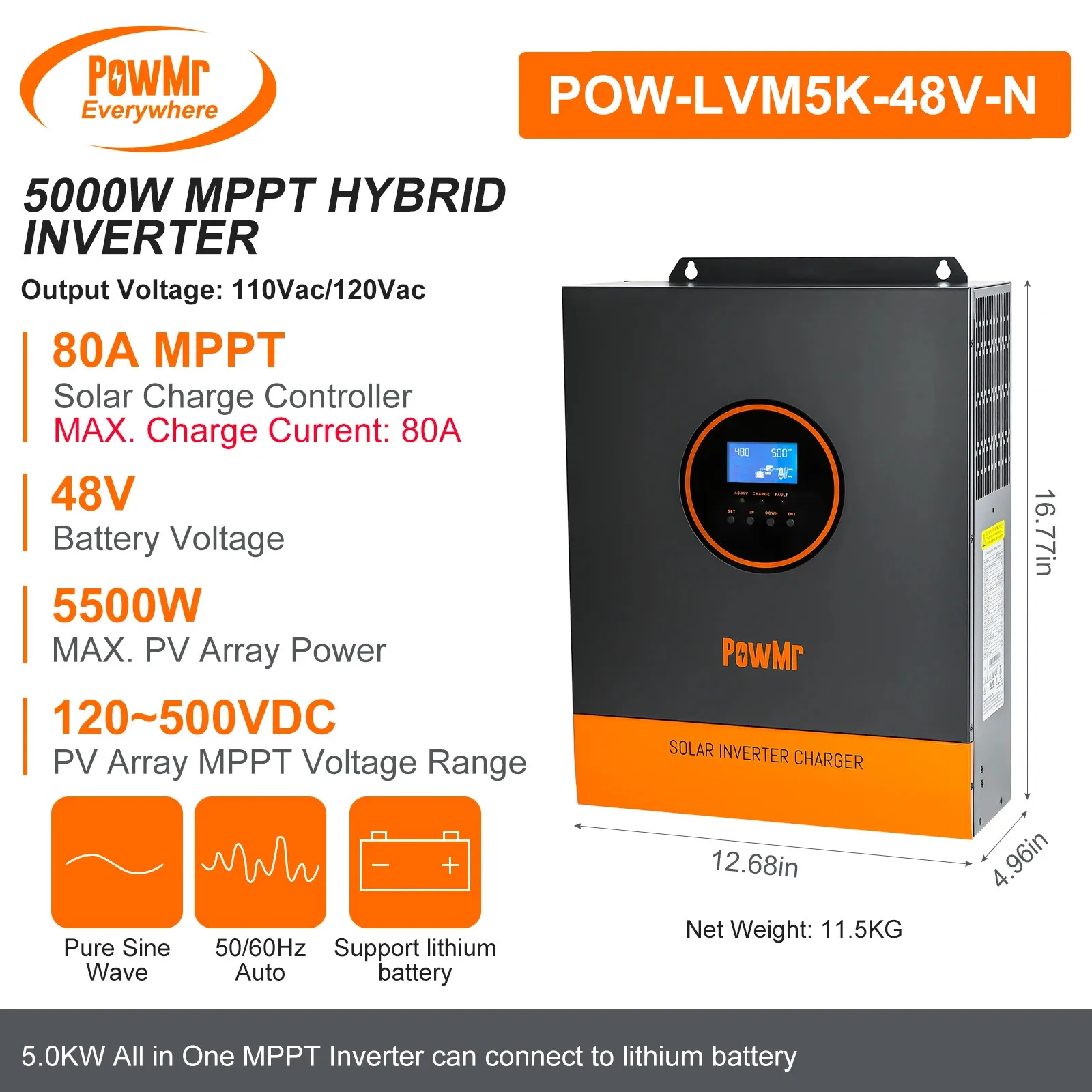 

Инвертор PowMr 5000W 48V с чистой синусоидой, гибридный солнечный инвертор 110V/120VAC, автономный, с контроллером заряда MPPT 80A, 500VDC PV