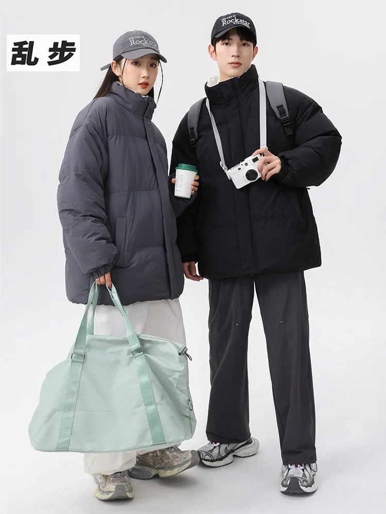 

Thiened Lamb Velvet Inner Pure Color down Cotton Jaet for Men Winter Warm Couple Sle Cotton Coat Stand Fit Casual