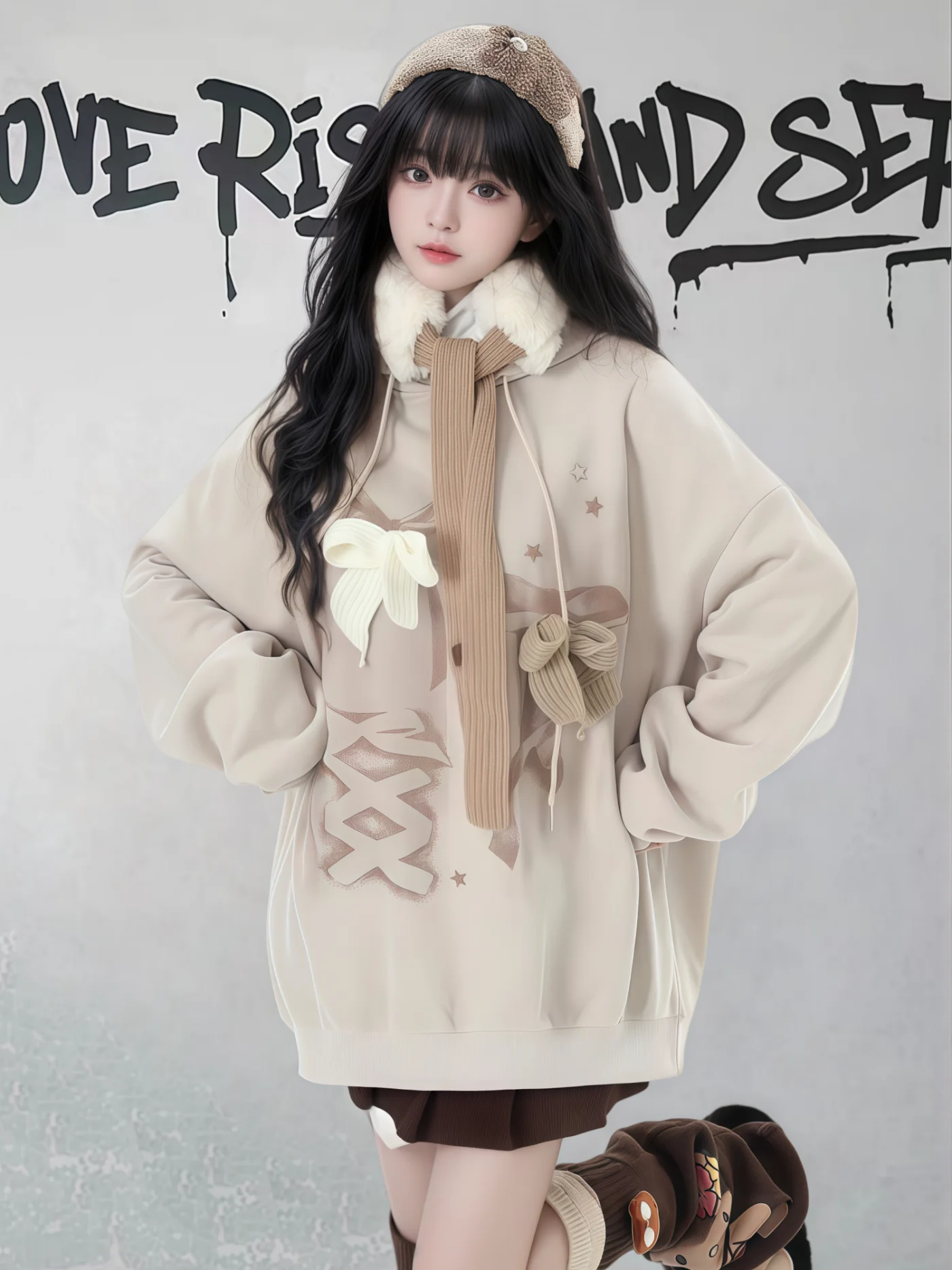 

Sweet College Sle Long Sve Fce Lined Hoodie Women's Autumn Winter Light Beige Loose Top Knot Design Sensation
