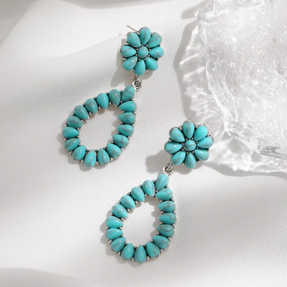 Vintage Metal Turquoise Flower Stud Earrings Cutout Teardrop Shaped Stud Earring For Women Seaside Vacation Beach Jewelry Gift