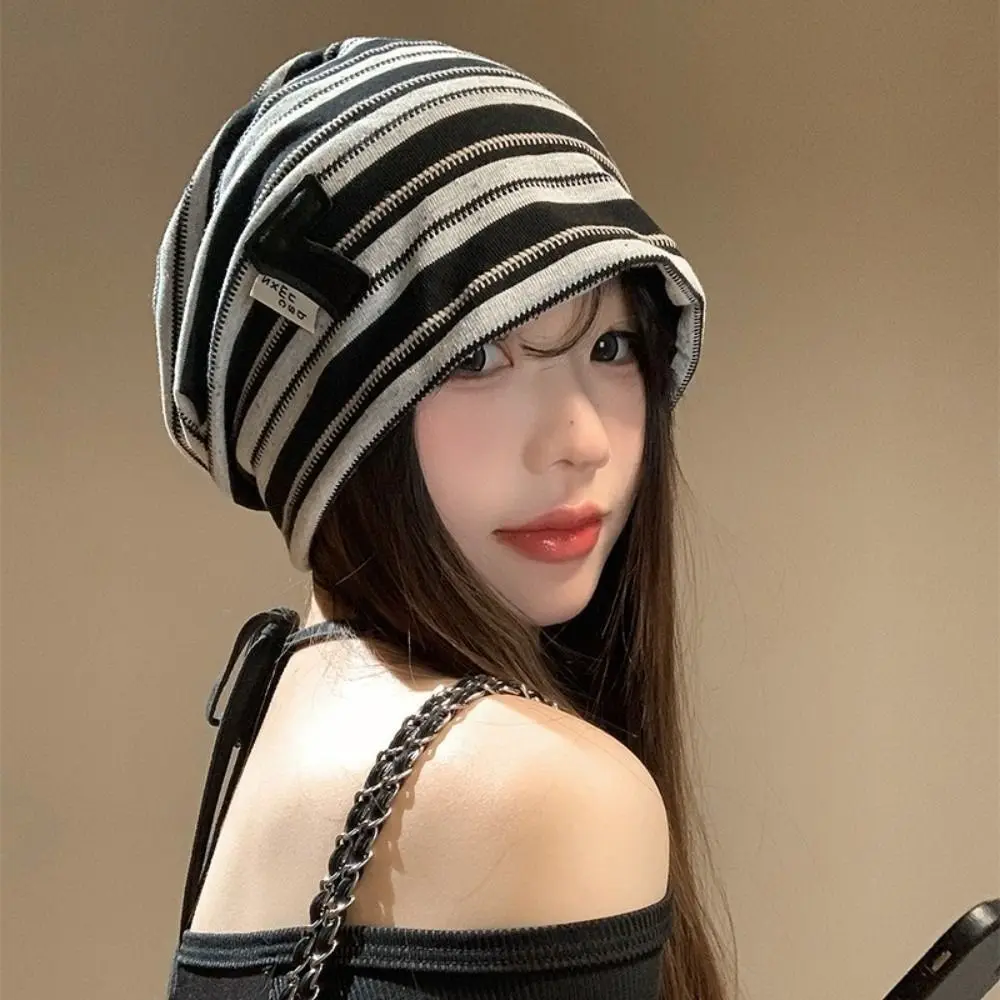 

Fashion Korean Y2k Striped Cap Spring Autumn Soft Baggy Strip Hat Breathable Slouchy Beanie Hats Streetwear