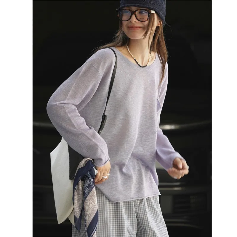 

Johnature Pre-autumn New Korean Loose Crew Neck Knitted Casual Sunscreen Thin Pullover Tops For Women