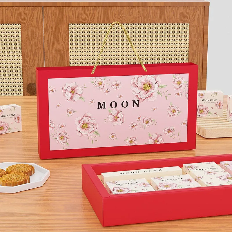 

1 Set 2024 Mid Autumn Festival Mooncake Box Red Color Flower Handmade Egg Yolk Crispy Packaging Paper Gift Box With Handbag