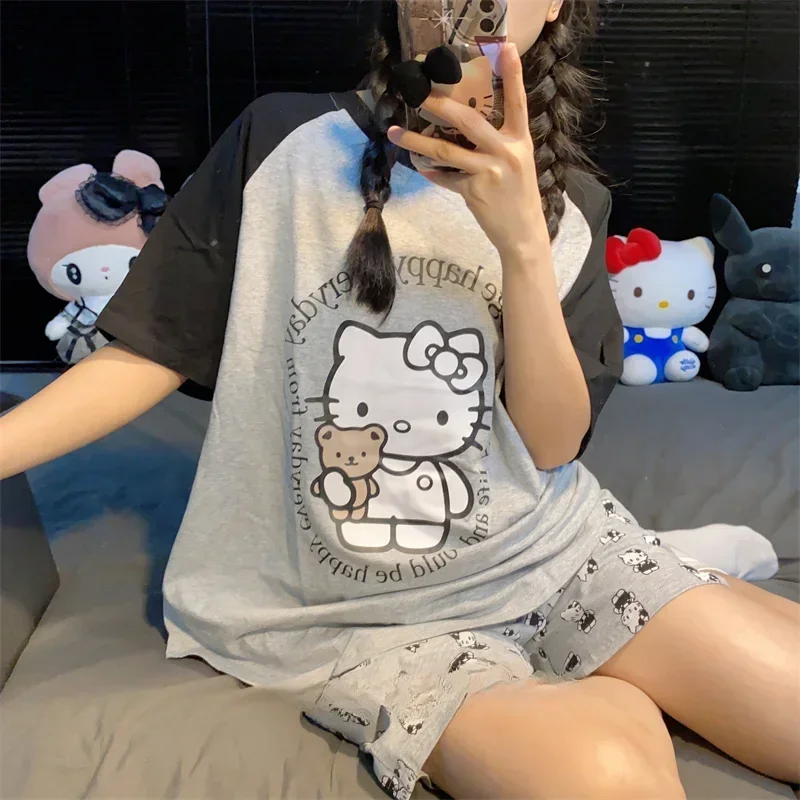 Sanrio hello kitty pijamas de seda feminino verão puro algodão dos desenhos animados shorts de manga curta pijamas femininos homewear terno