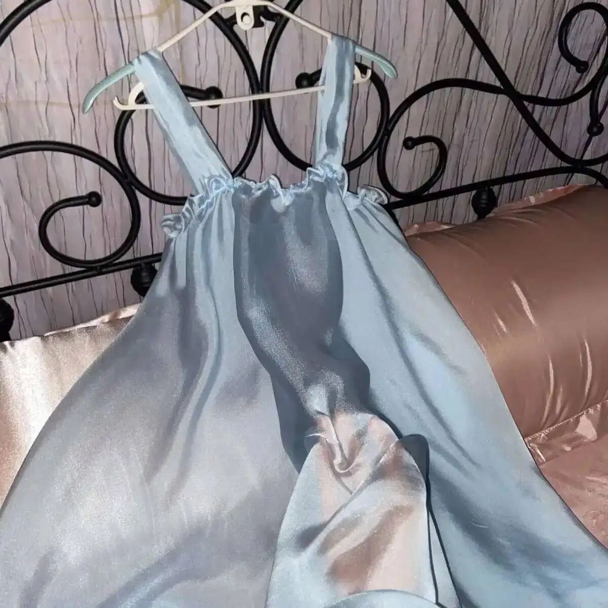 Glossy See Through Ultra Thin Women Satin Sleeveless Long dress Loose Ruffles Dress Sleeping Robe
